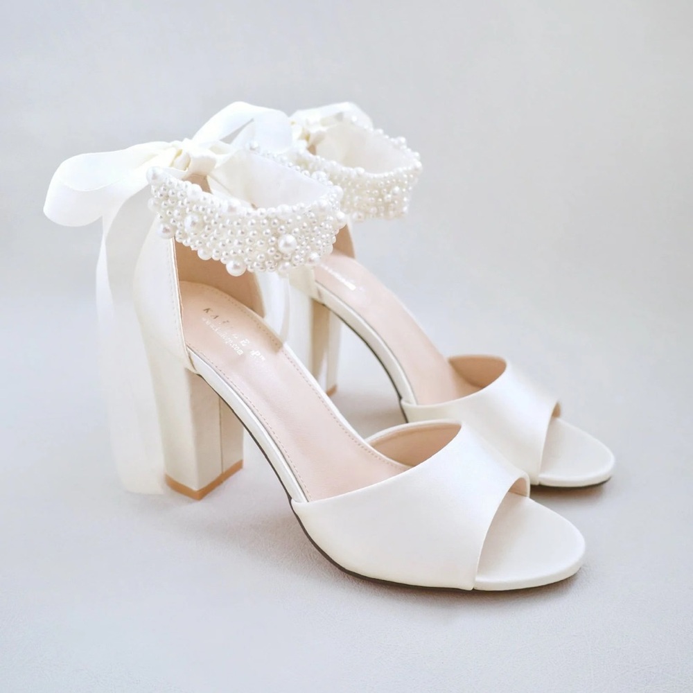 Satin Block Heel Wedding Sandals with Perla Ankle Strap